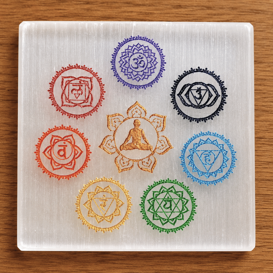 Selenite Plate with 7 Chakra (8 cm) For Crystals Recharge