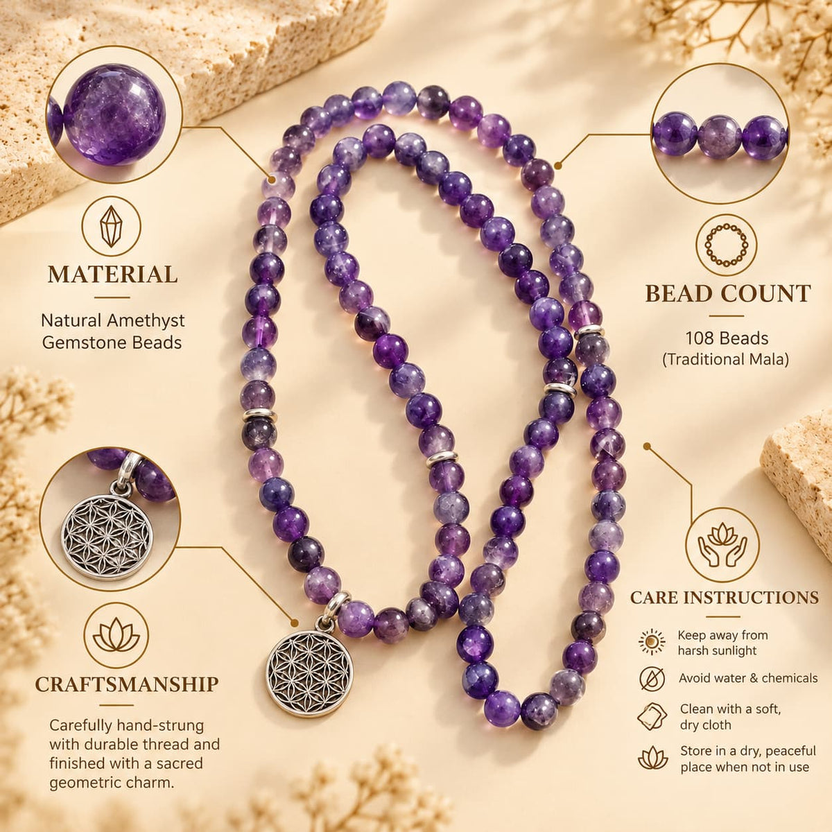 Amethyst Wrist Mala Bracelet | Meditation & Spirituality