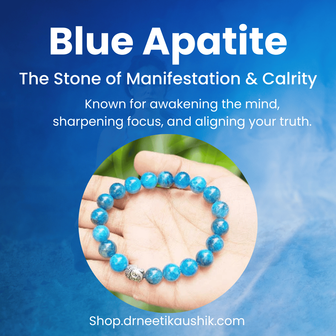 Blue Apatite bracelet held in a hand with descriptive text on a blue background