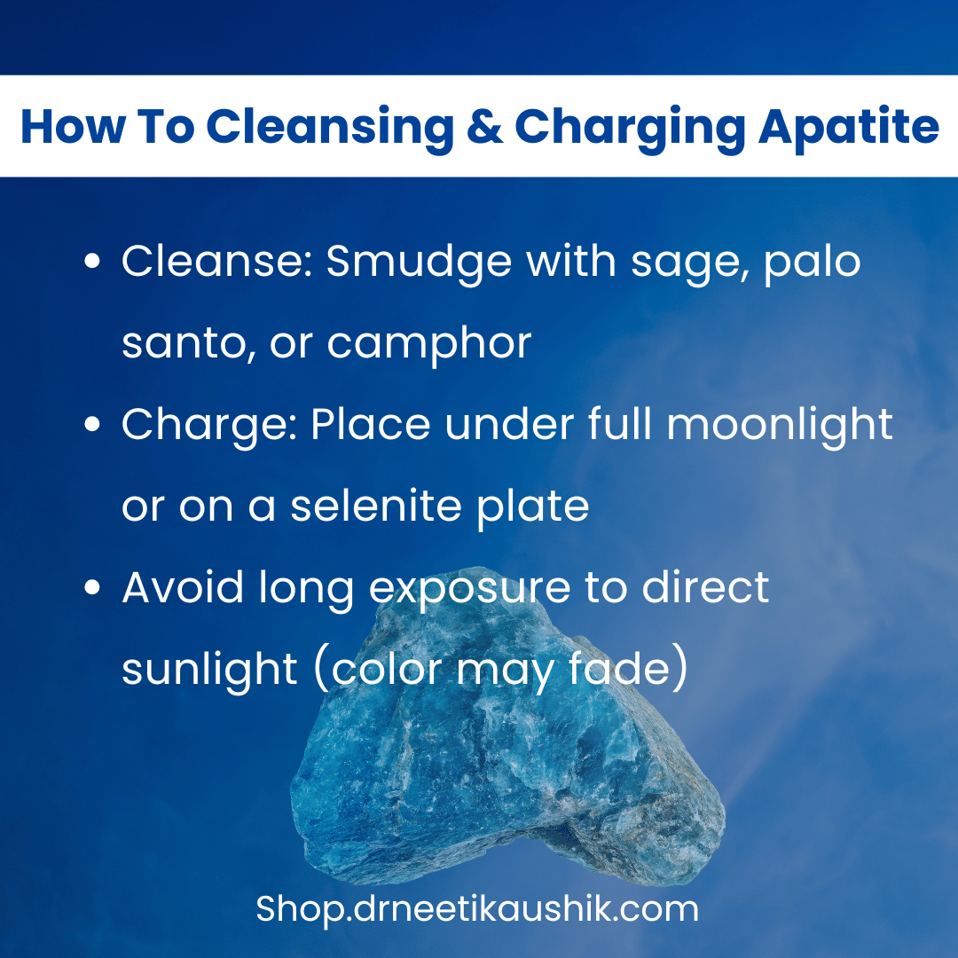 Instructions on how to cleanse and charge apatite with a blue background and apatite stone image.