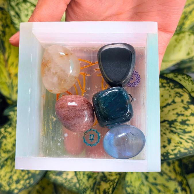 Healing Selenite crystal box with gemstone tumbles for purification