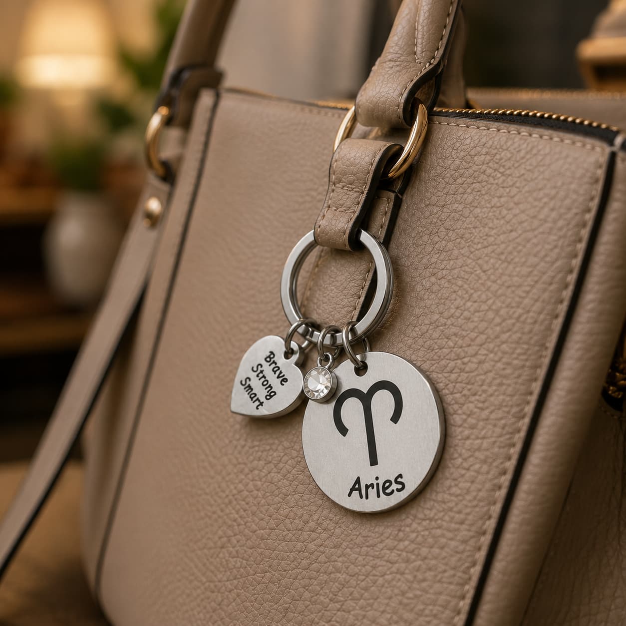 The Aries Keychain Zodiac - Strength Charm with White Corundum