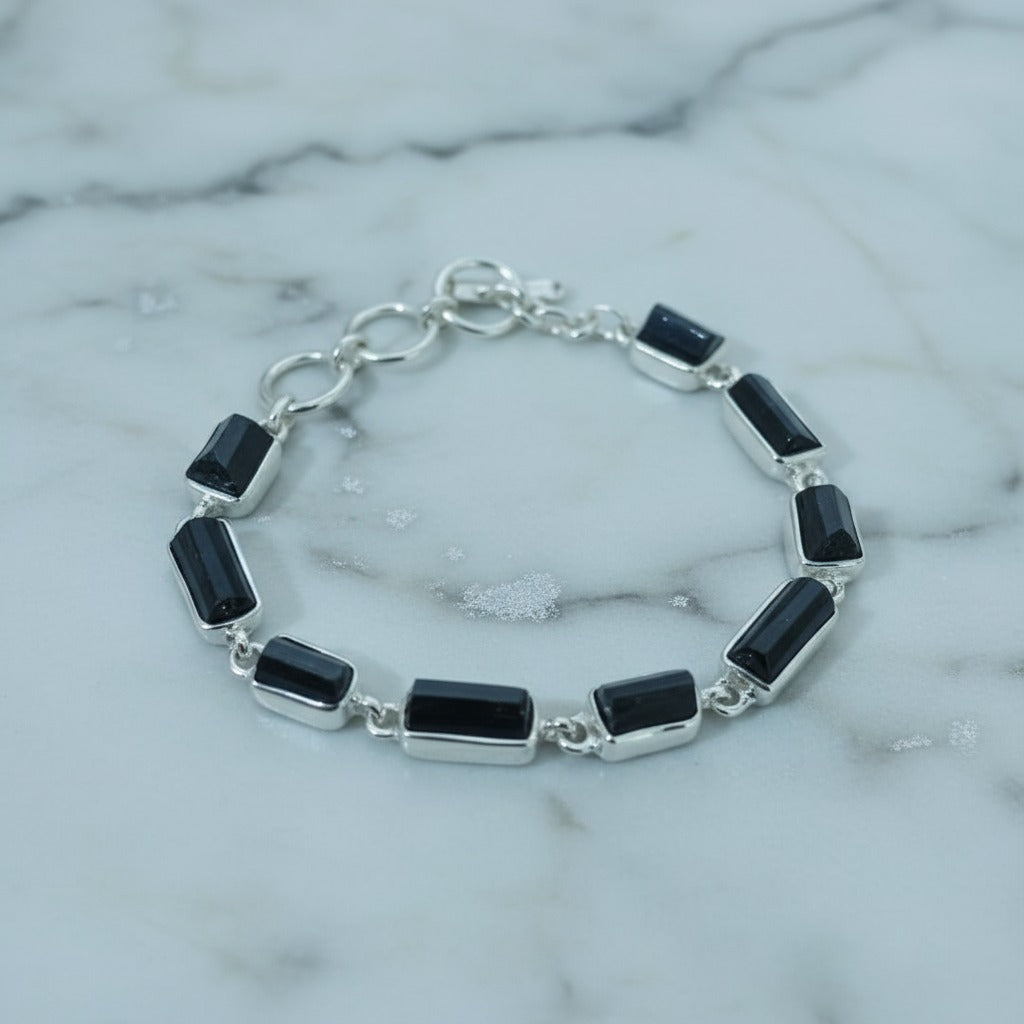 Black Tourmaline 925 Silver Bracelet For Protection, Grounding & Energy Balance