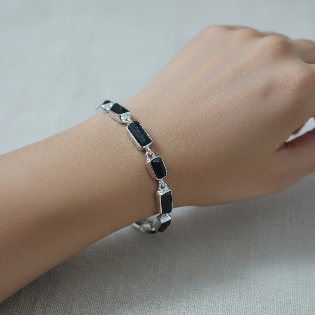 Black Tourmaline 925 Silver Bracelet For Protection, Grounding & Energy Balance