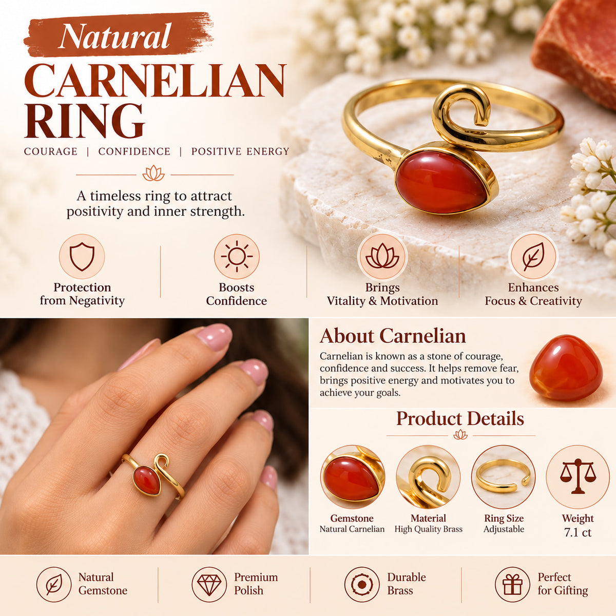 Natural Carnelian Ring in Brass– For Confidence, Motivation & Creativity