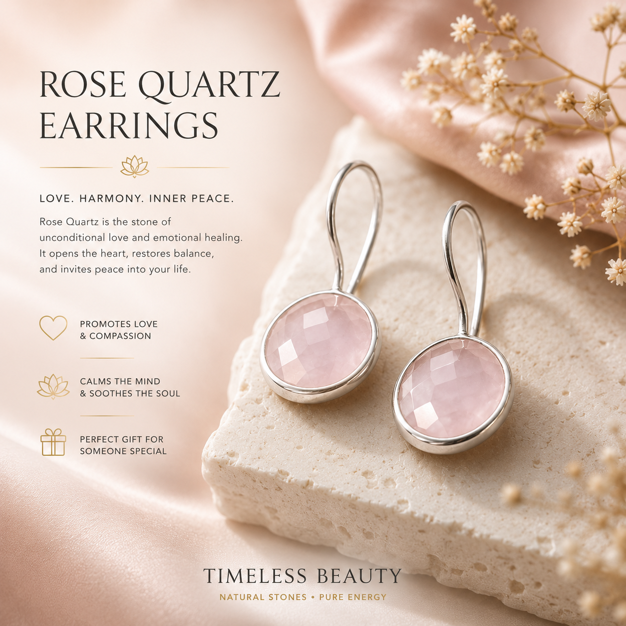 Rose Quartz Silver Hook Earrings | Love, Emotional Healing and Heart Chakra