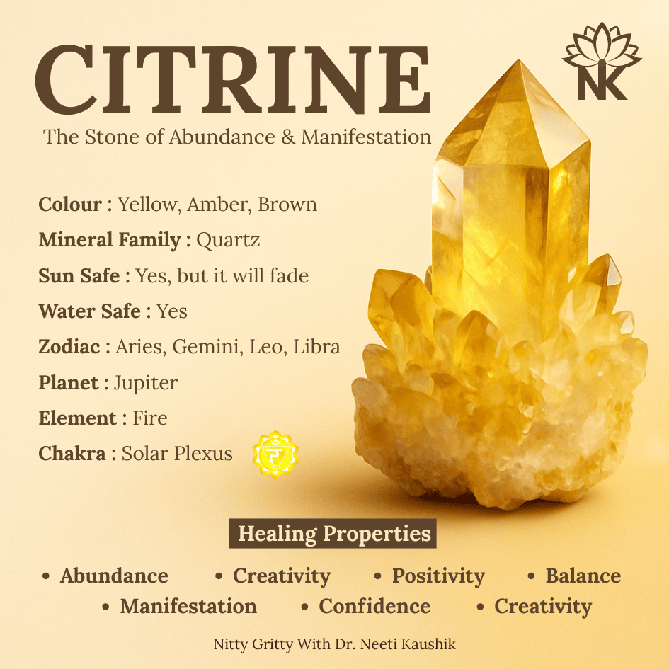 Citrine crystal with properties and healing benefits on a beige background