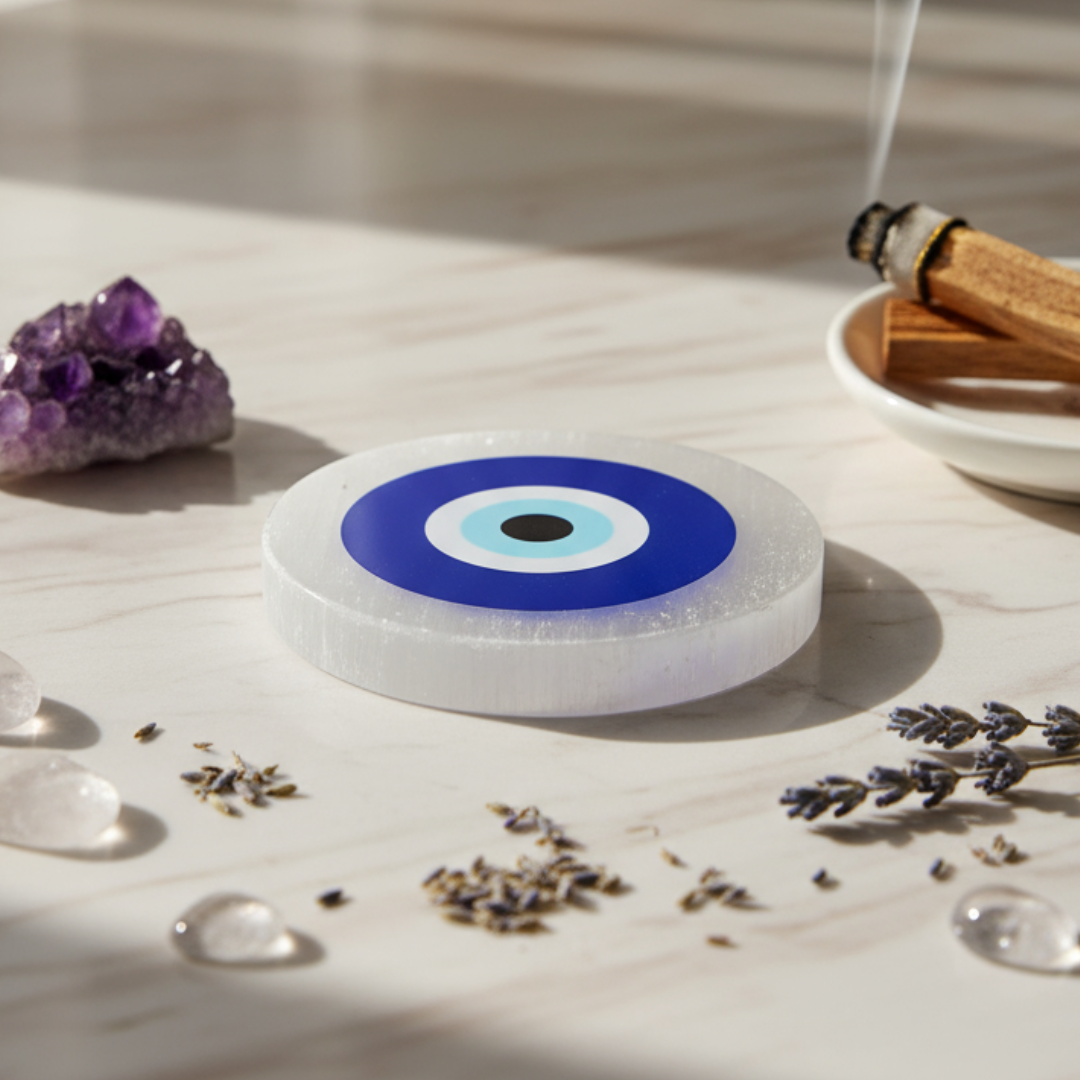 Selenite Charging Plate (8 cm) with Evil-Eye Protection