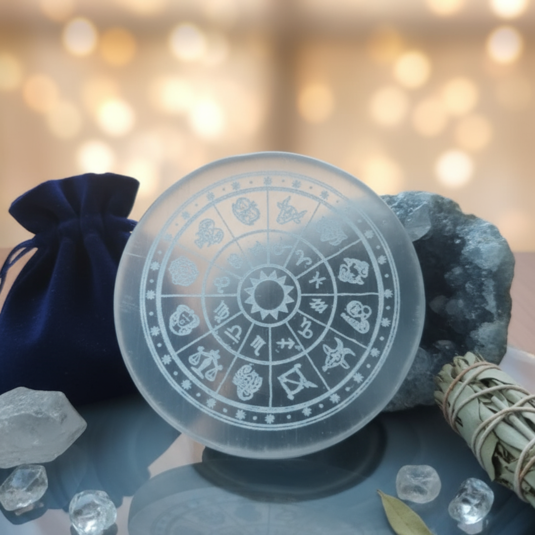 Selenite Charging Plate (8 cm) with All Zodaic Signs