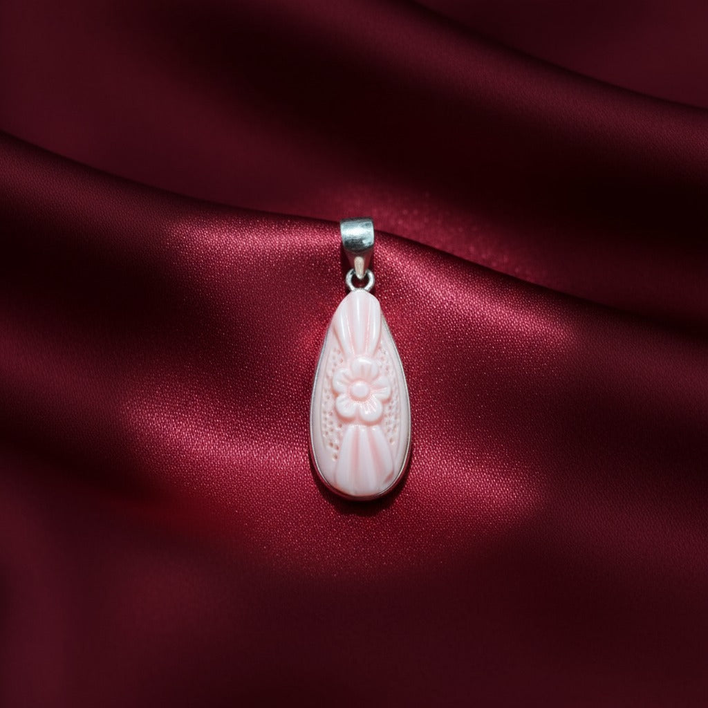 Pink Carved Flower Conch 925 Sterling Silver Pendant