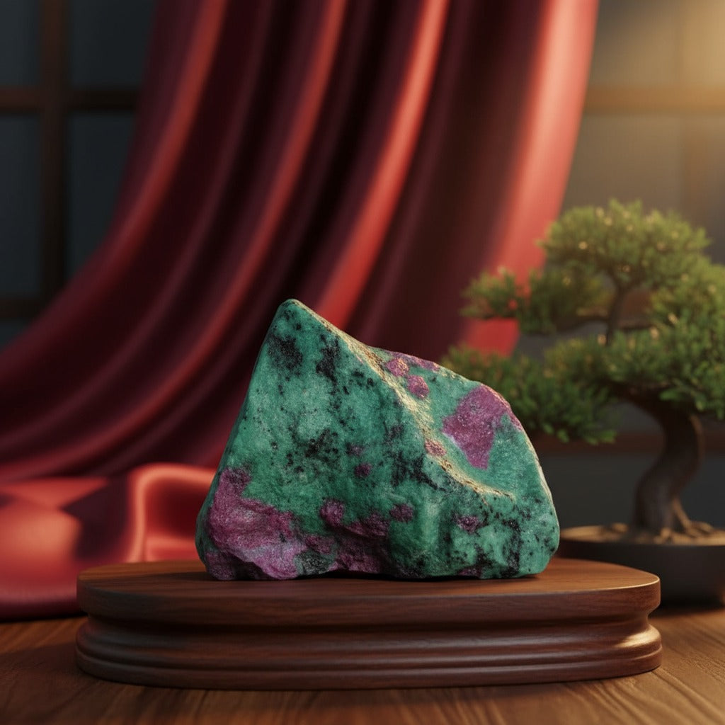 Decorative stone with green and purple hues on a wooden stand against a red curtain and bonsai tree background.