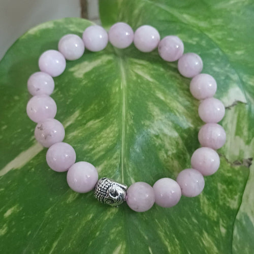 Rose Quartz bracelet with a Buddha charm on a green leaf background