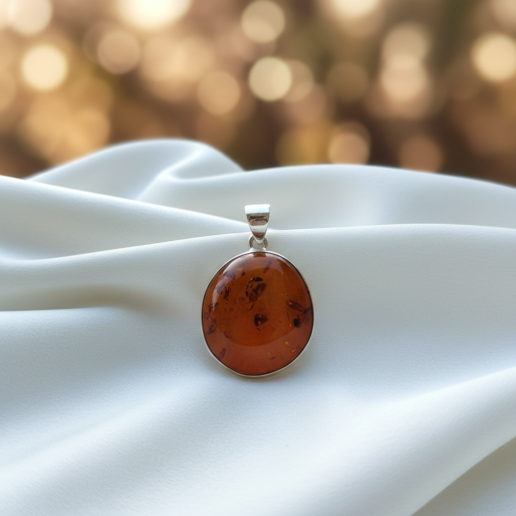 amber pendant on silver chain against a blurred natural background