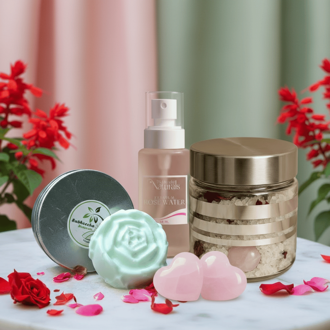 Cosmetic products including a jar, bottle, and bath bombs on a marble surface with flowers in the background.