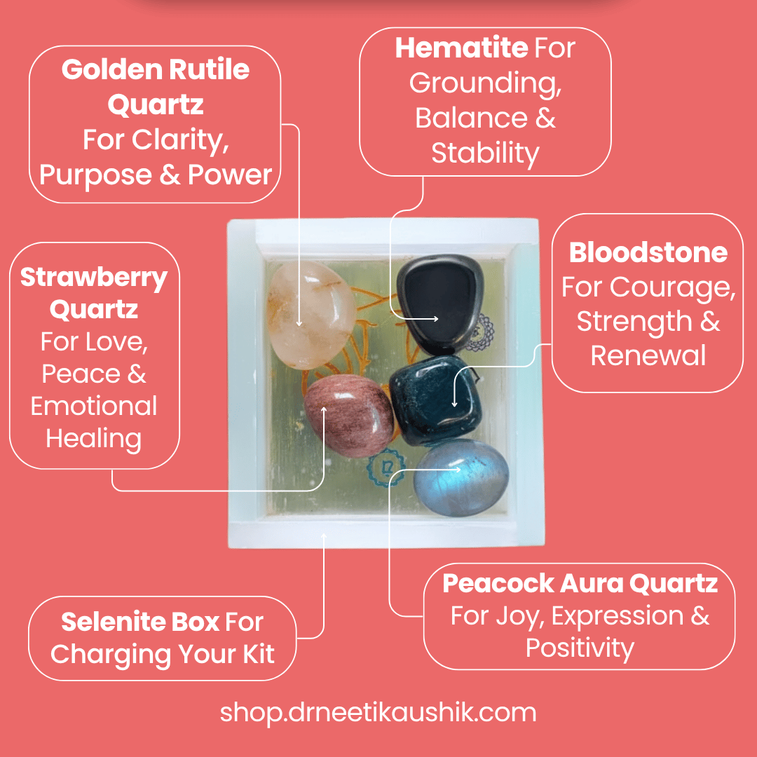 Set of stones with their respective properties on a pink background