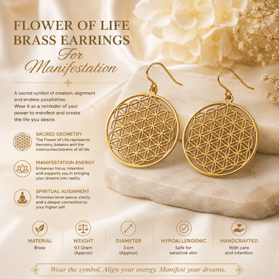 Flower of Life Brass Earrings for Manifestation, Spiritual Growth & Positive Energy