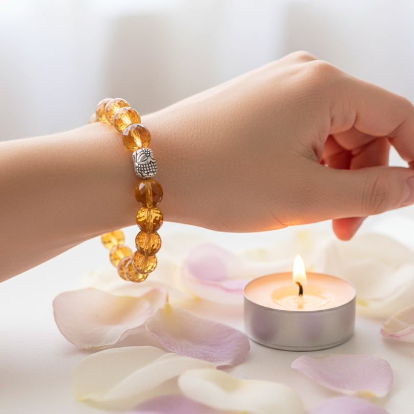 Hand wearing a amber bracelet with a candle and flower petals in the background