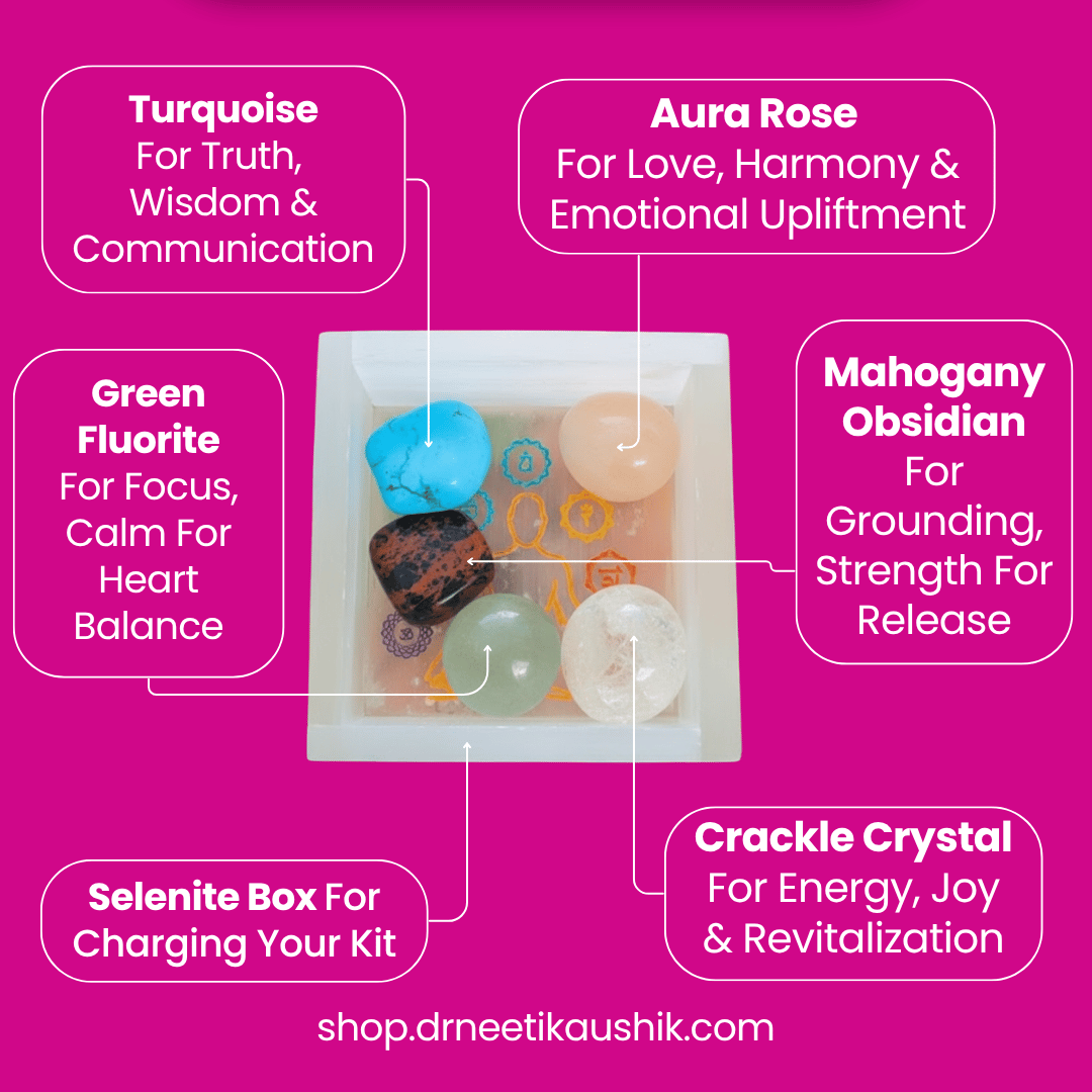 Crystal set with descriptions on a pink background