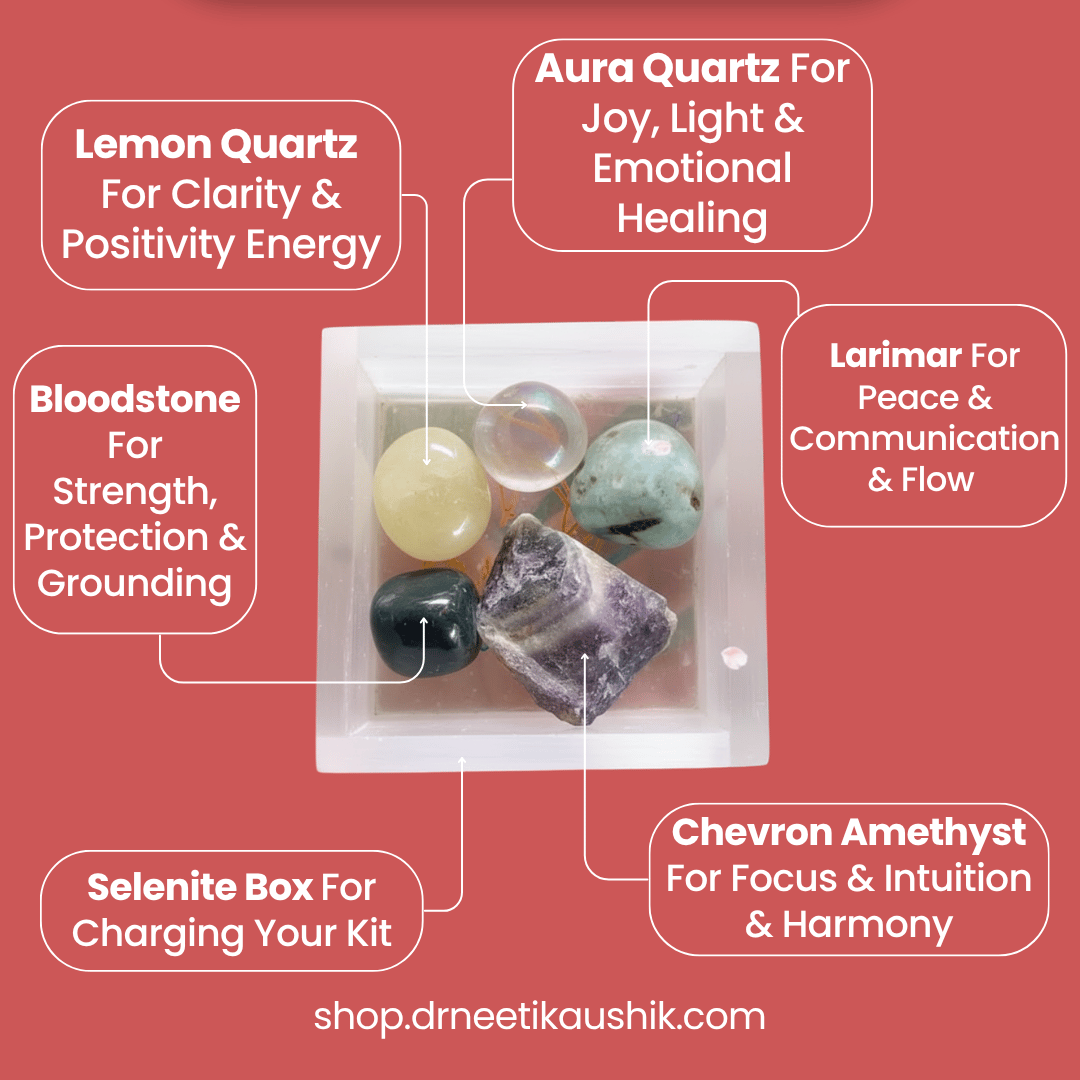 Set of stones with their respective healing properties on a red background