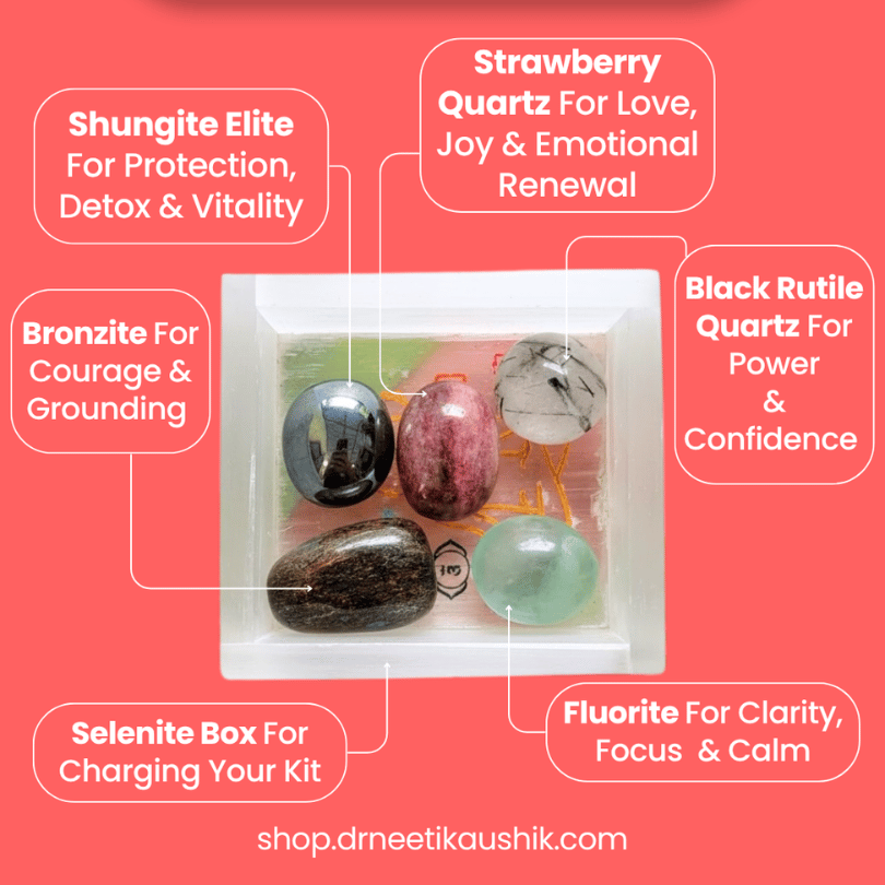 Set of crystals with descriptions on a pink background