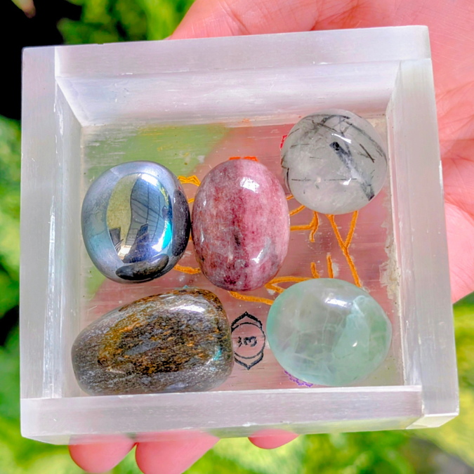 Selenite box with crystal tumbles for cleansing and energy charging