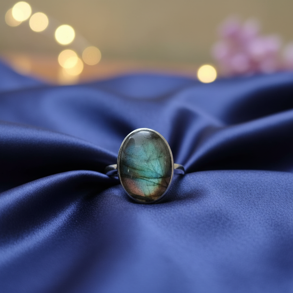 Ring with a colorful gemstone on blue fabric with blurred lights in the background