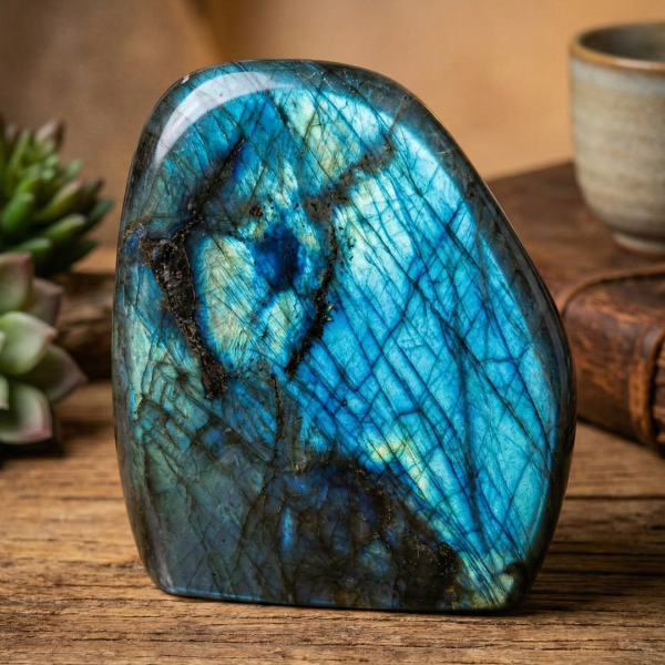 Blue labradorite stone on a wooden surface with a plant and ceramic item in the background