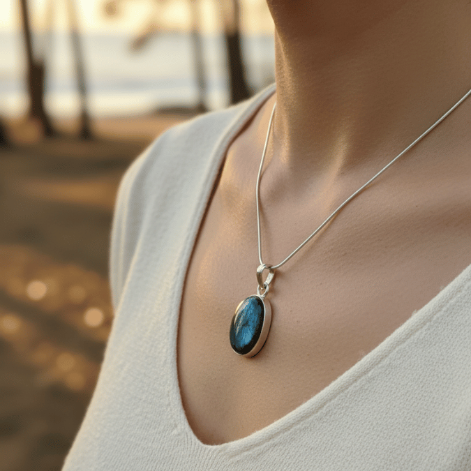 Necklace with a labradorite pendant worn by a person in a blurred outdoor setting