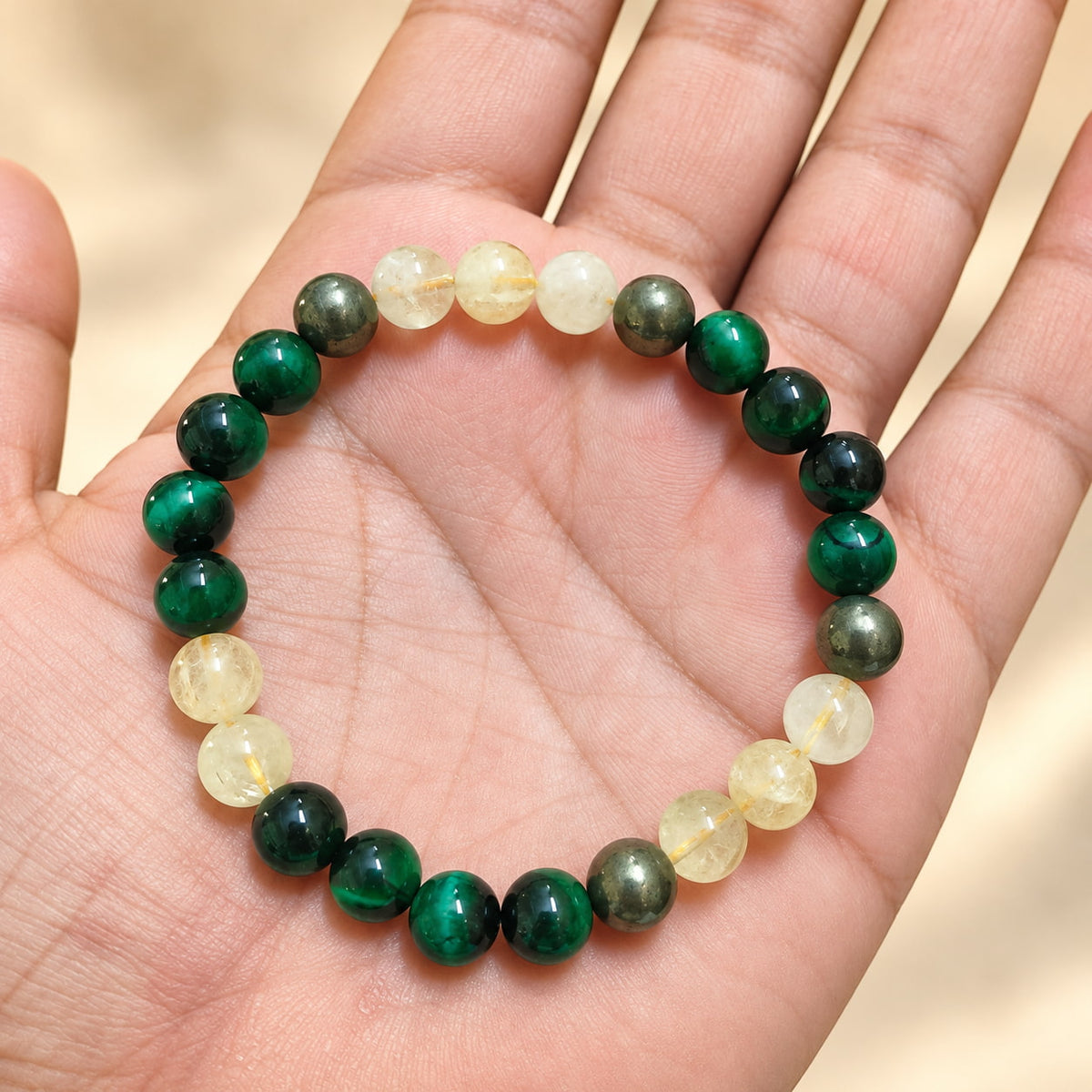 Leo (सिंह) Abundance Bracelet for 2027 | Green Tiger Eye, Lemon Quartz and Pyrite