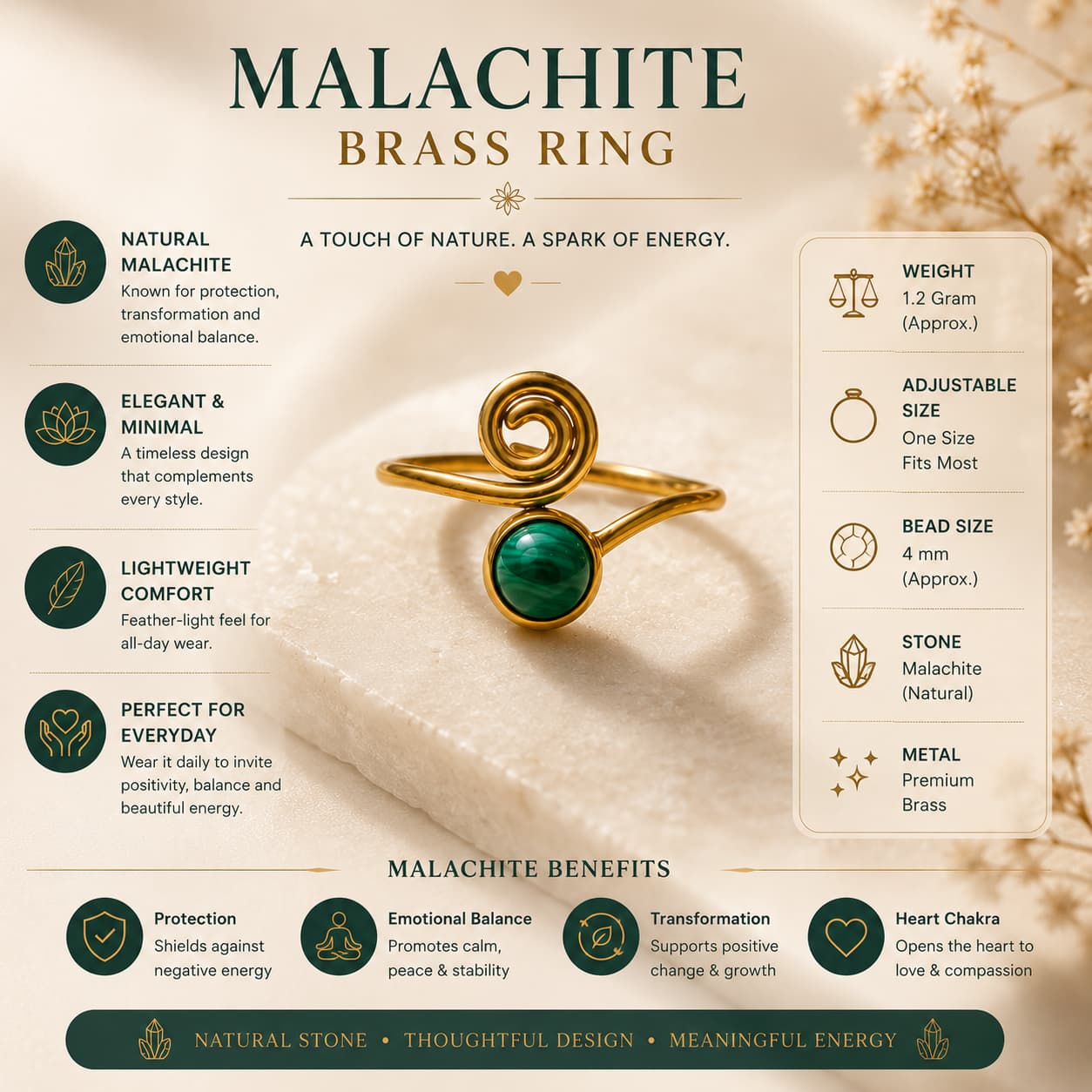 Natural Malachite Ring in Brass For Transformation, Protection & Emotional Balance