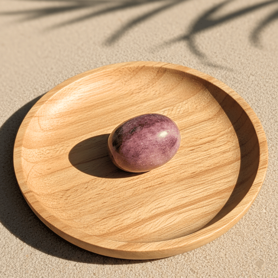Wooden tray with a purple stone on a beige surface