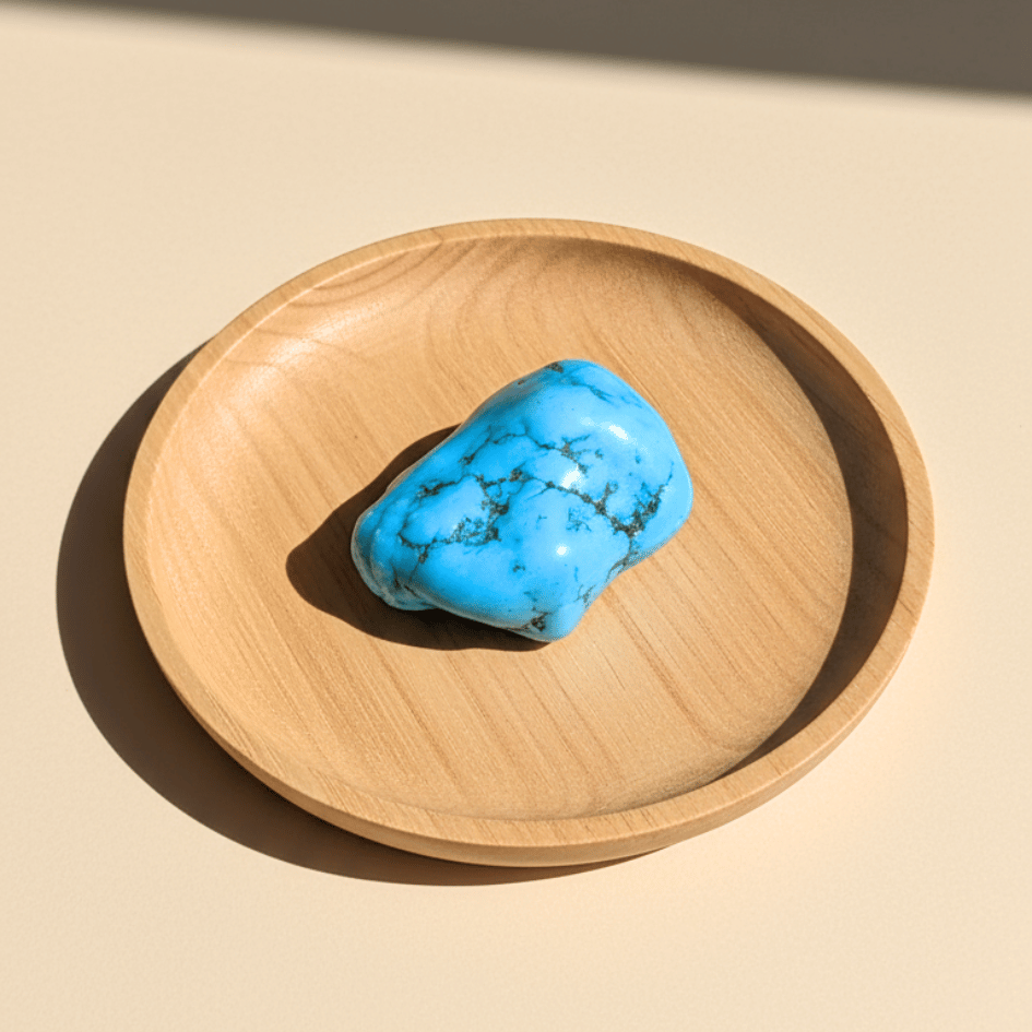 Turquoise stone on a wooden tray with a beige background