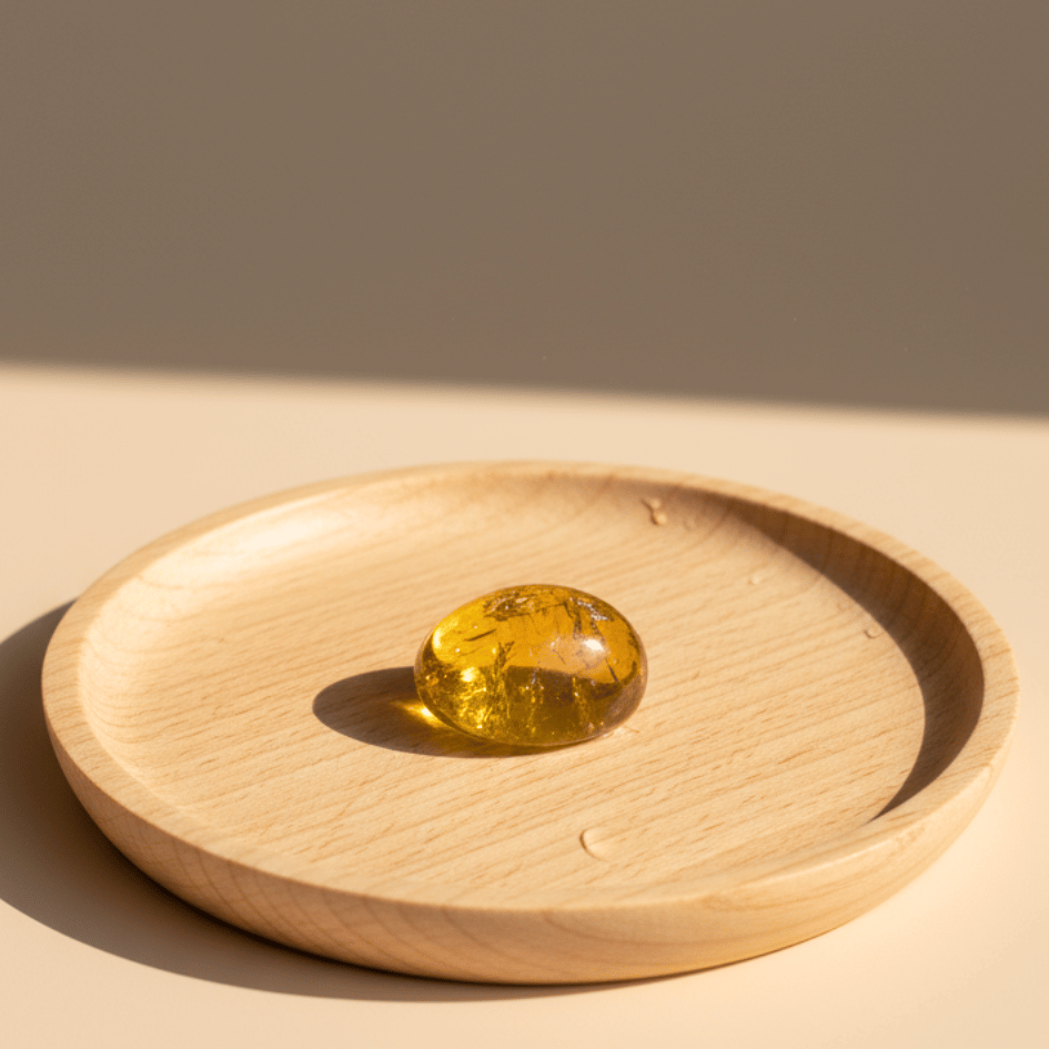 Yellow amber stone on a wooden plate with a neutral background