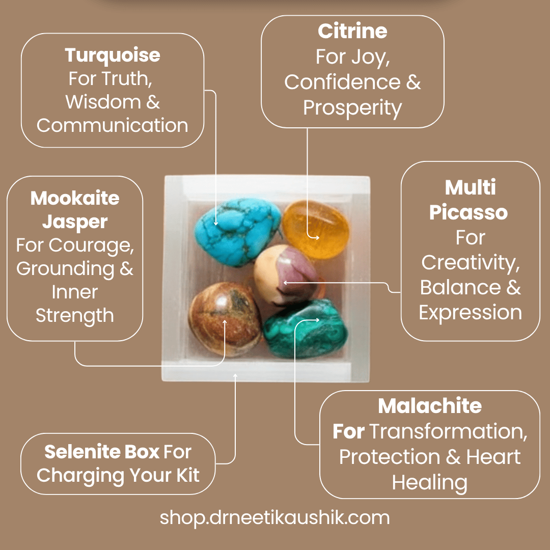 Collection of colorful stones with healing properties on a brown background