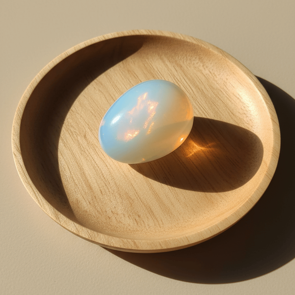 Opal stone on a wooden dish with a neutral background