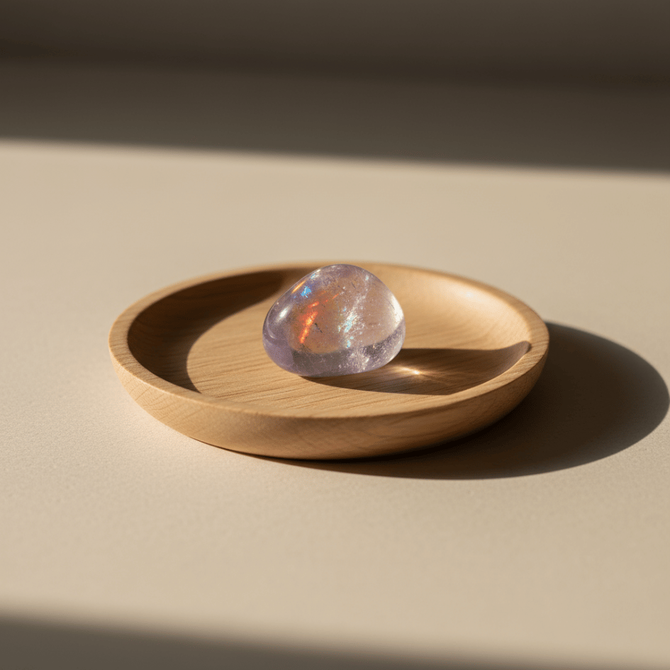 Clear crystal ball on a wooden plate with a neutral background