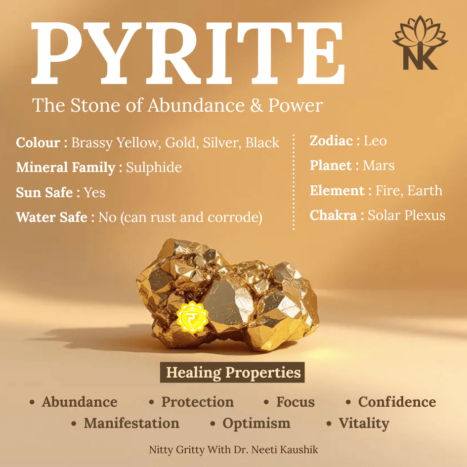 Pyrite stone with information on its properties and healing benefits on a beige background