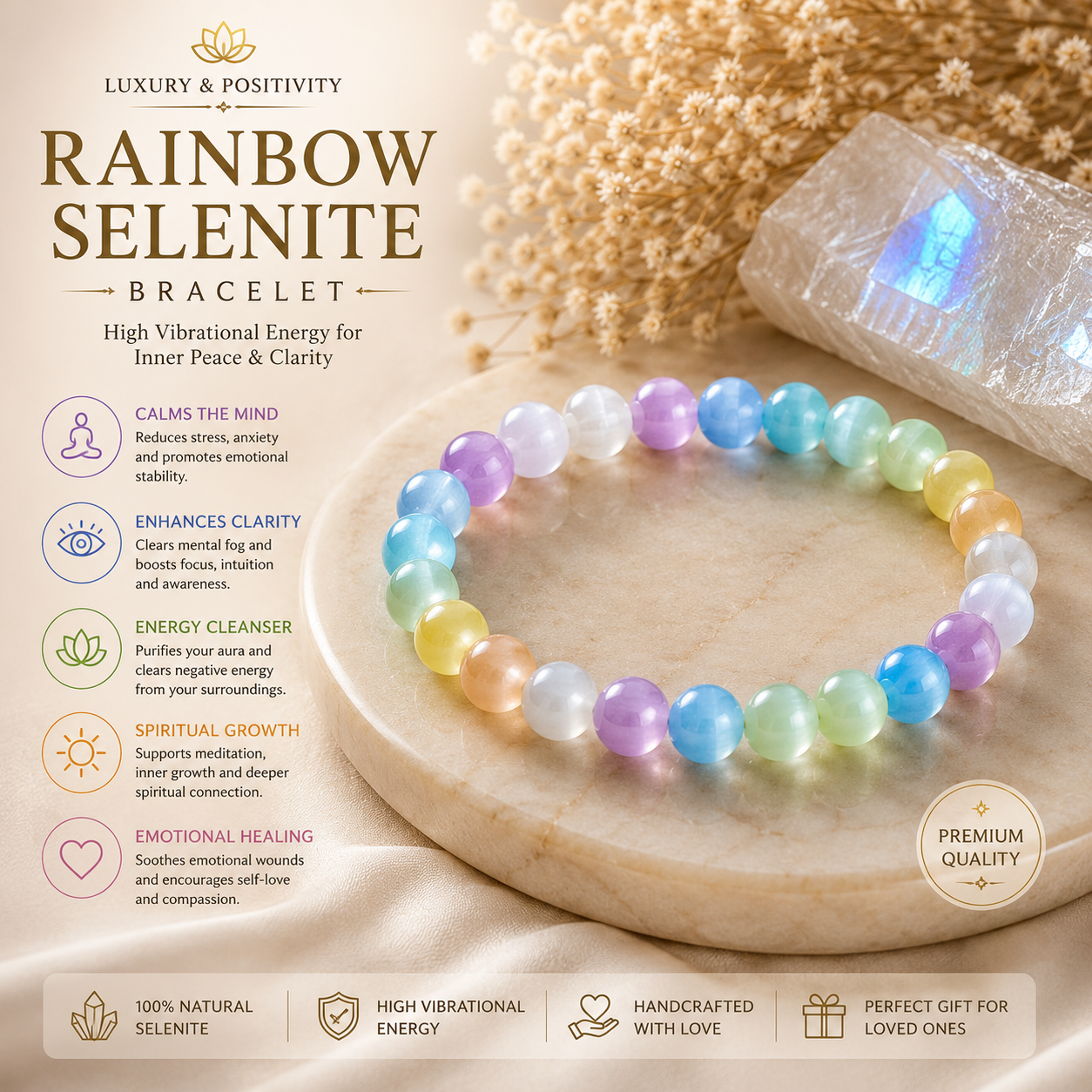 Rainbow Selenite Bracelet (8mm) – Multi-Color Selenite for Chakra Balance