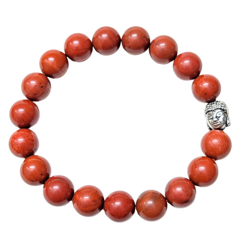 Red beaded bracelet with a Buddha charm on a white background