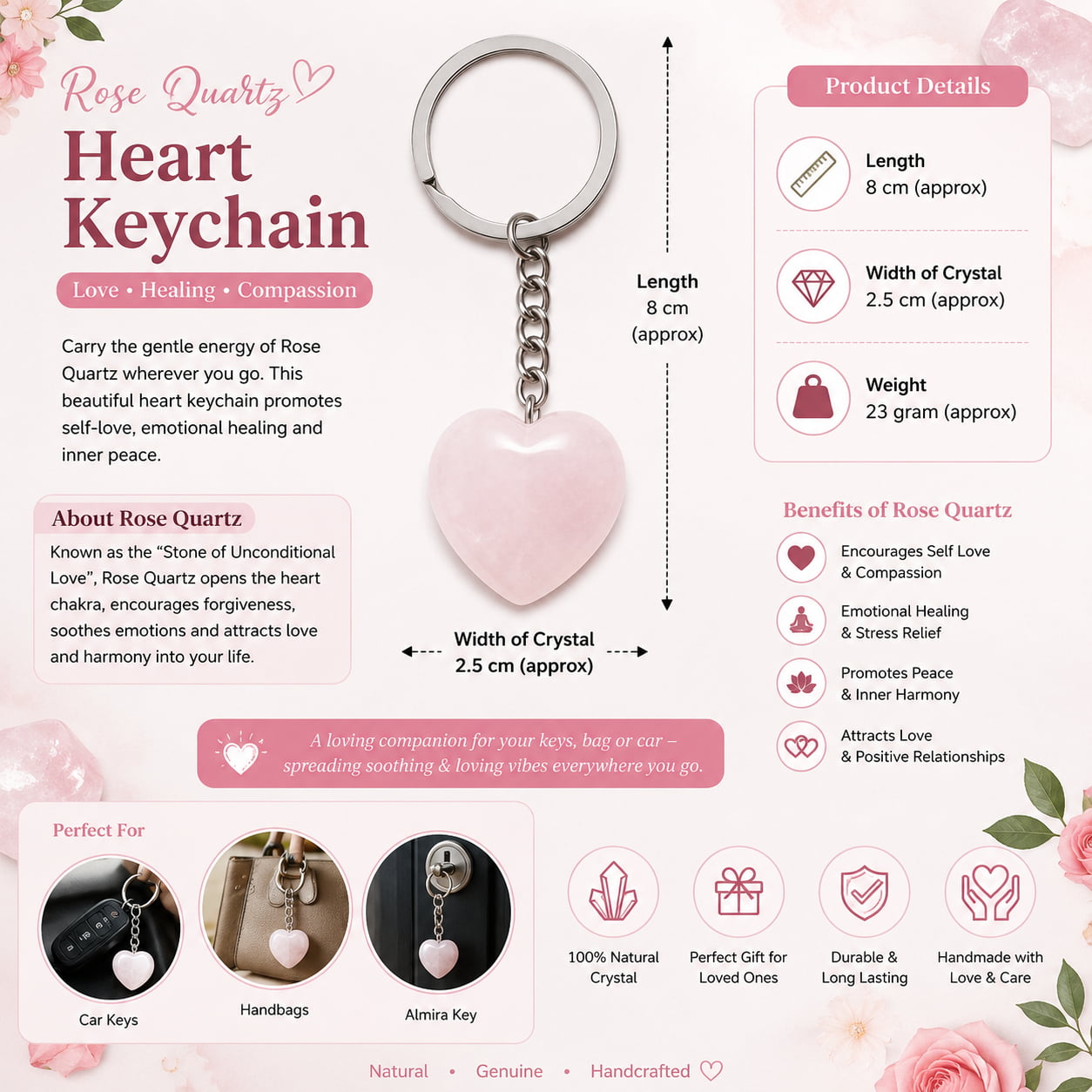 Rose Quartz Heart Keychain – Love, Healing & Emotional Connection
