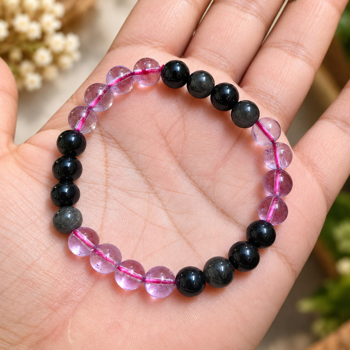 Sagittarius (धनु) Abundance Bracelet for 2027 | Pink Amethyst and Silver Sheen Obsidian