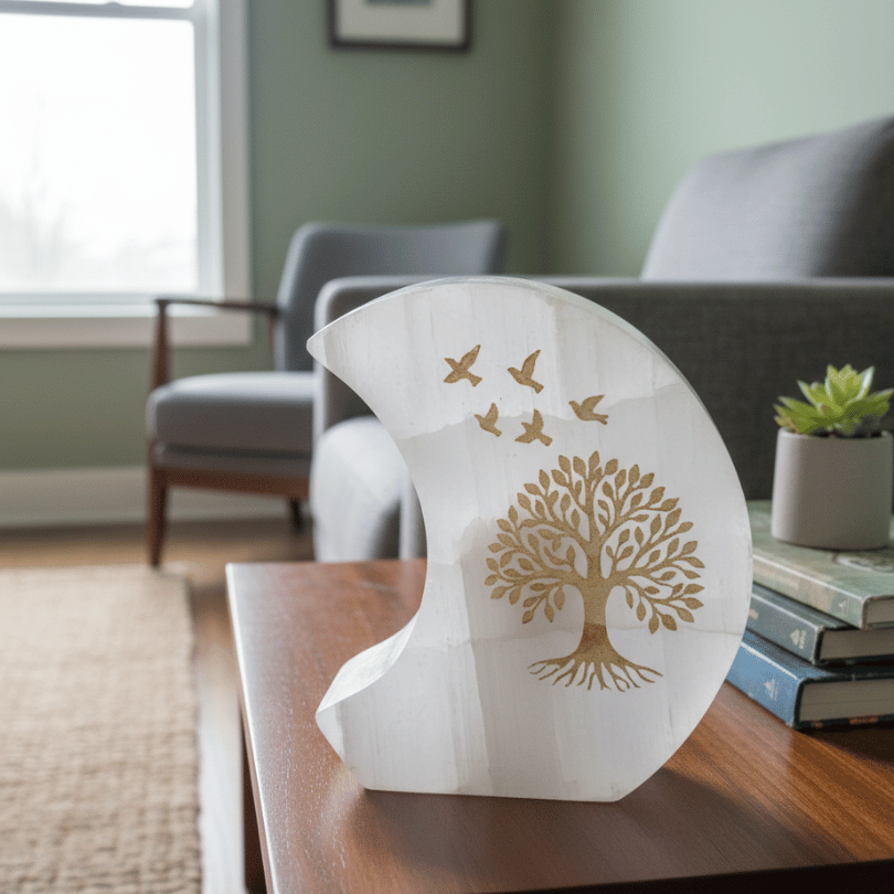Selenite Moon Shape Lamp – Aura Cleansing, Peace & Divine Protection Lamp