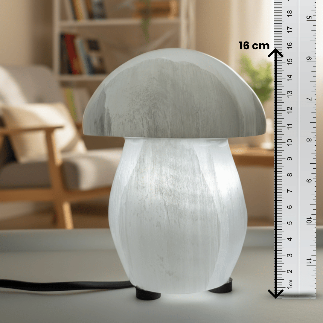Mushroom-shaped lamp with a ruler for scale in a home setting