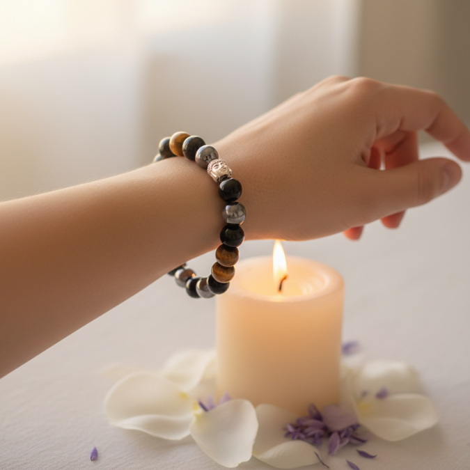 Triple Protection bracelet with Black Obsidian, Hematite, and Tiger Eye for strength and grounding