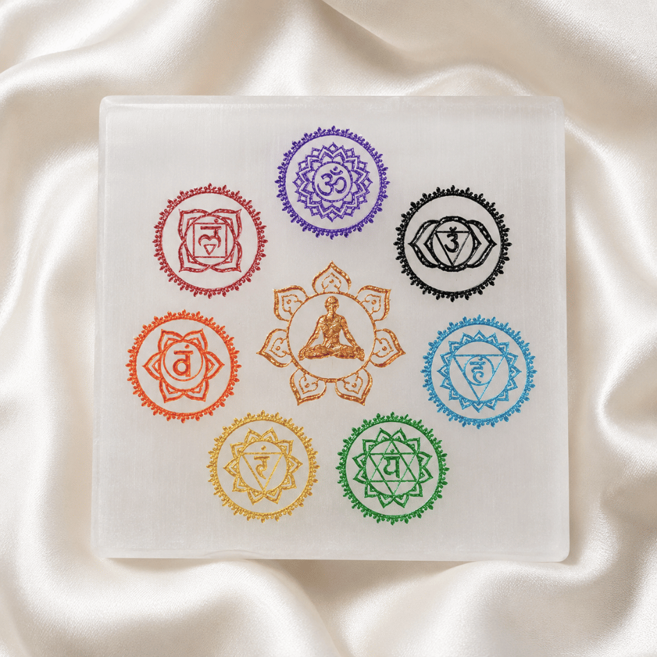 Selenite Plate with 7 Chakra (8 cm) For Crystals Recharge