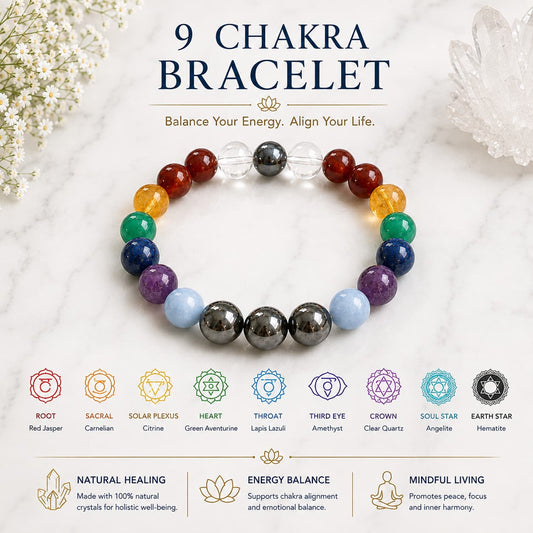 9 chakra crystal bracelet for energy healing, alignment and inner balance