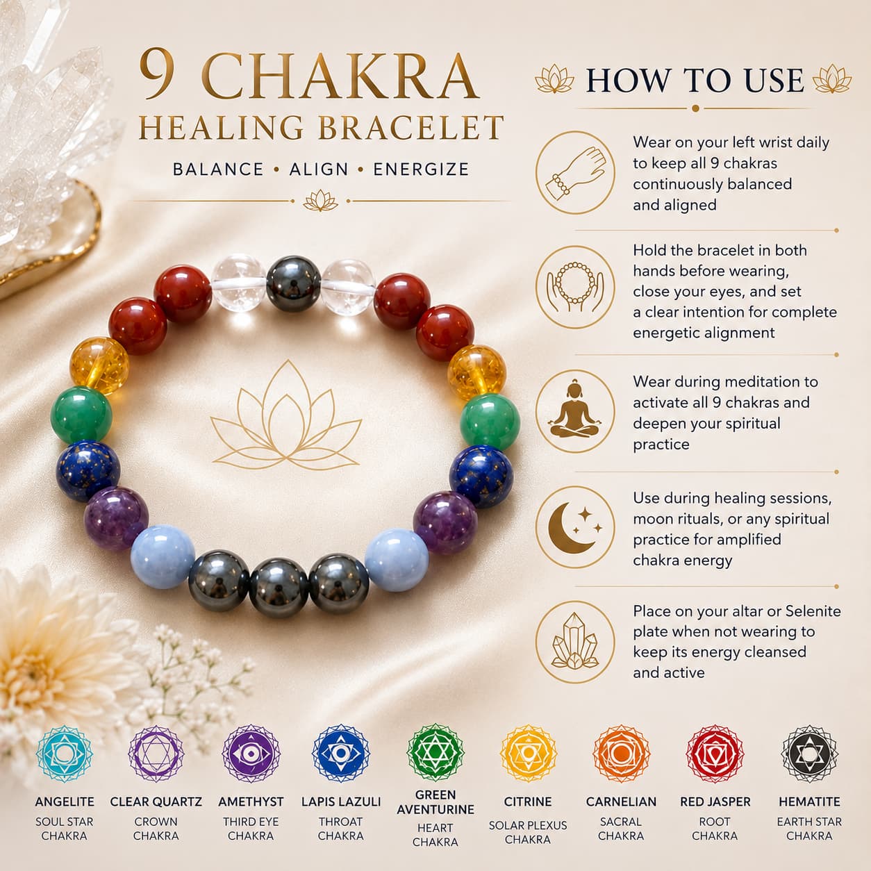 9 chakra bracelet with healing crystals for spiritual energy and balance