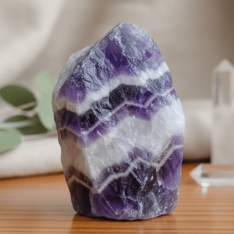 Amethyst crystal on a wooden surface with a blurred background