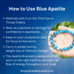 Blue Apatite bracelet held in a hand with usage tips on a blue background
