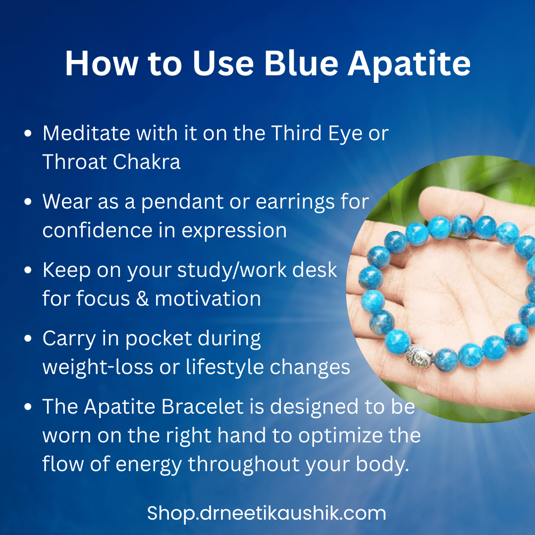 Blue Apatite bracelet held in a hand with usage tips on a blue background